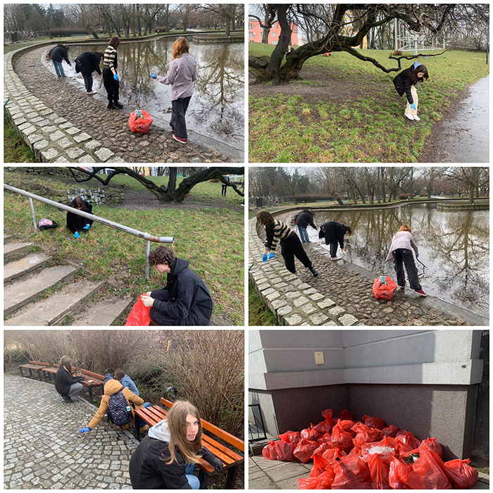 Uczniowie klasy wstępnej sprzatają Park Śledzia w ramach akcji Galante Sprzątanie.
